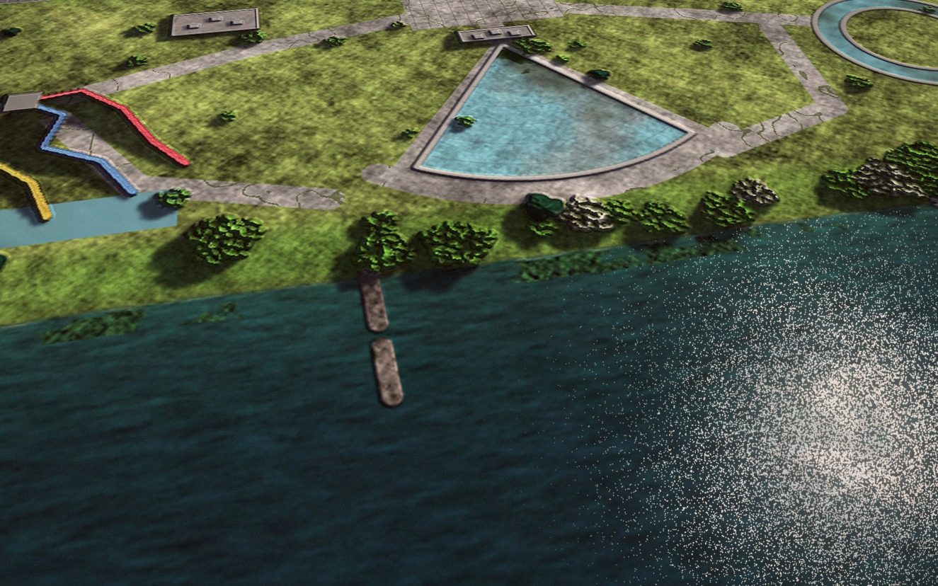 From over the water, looking back at the beach, April 2025: Before. The park as it was left in 2007.