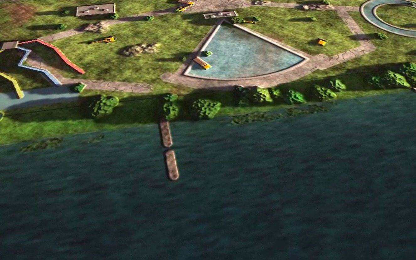 From over the water, looking back at the beach, May 2025: Fences go up; the first machines arrive.