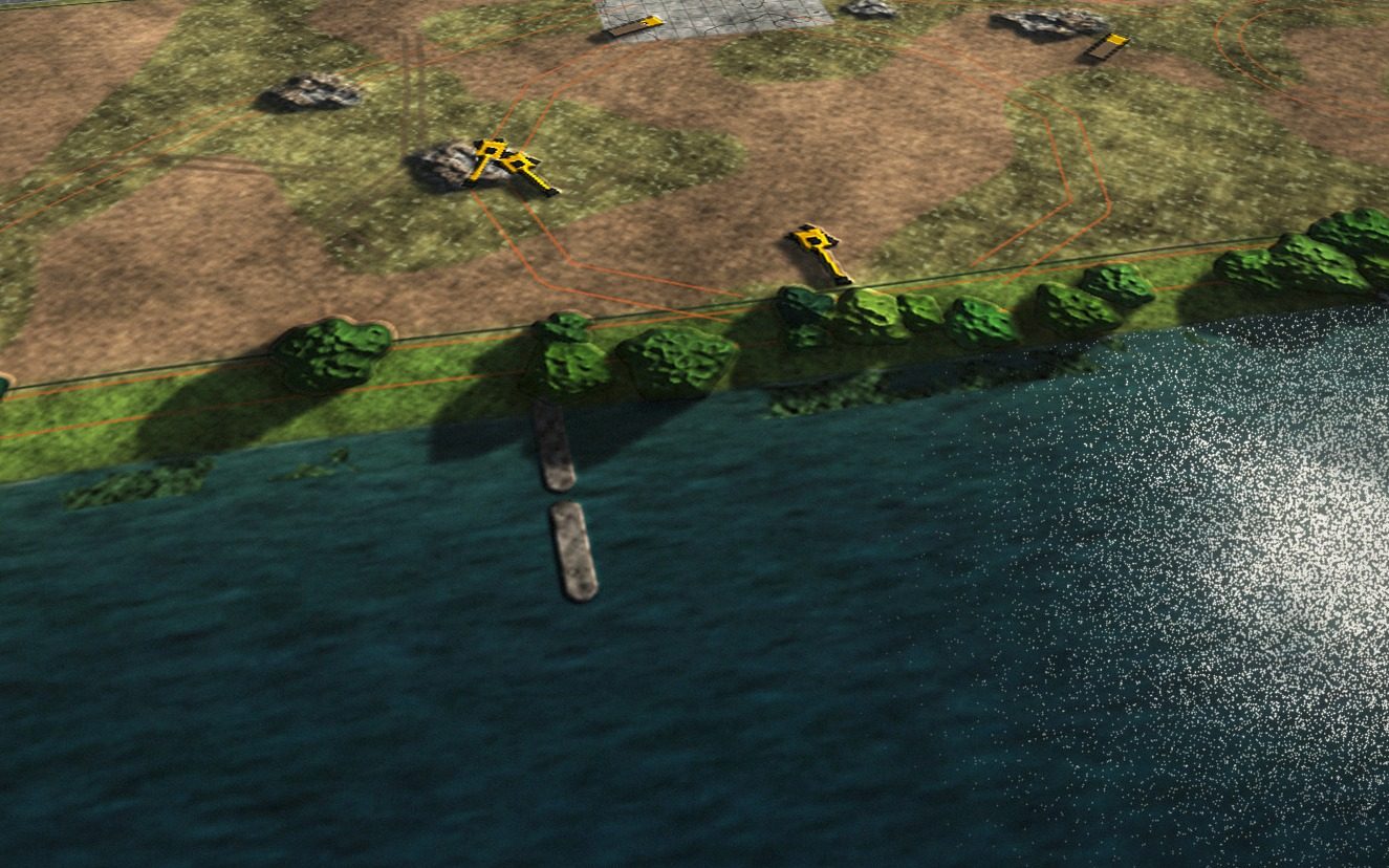 From over the water, looking back at the beach, September 2025: The wave pool is broken up and backfilled.