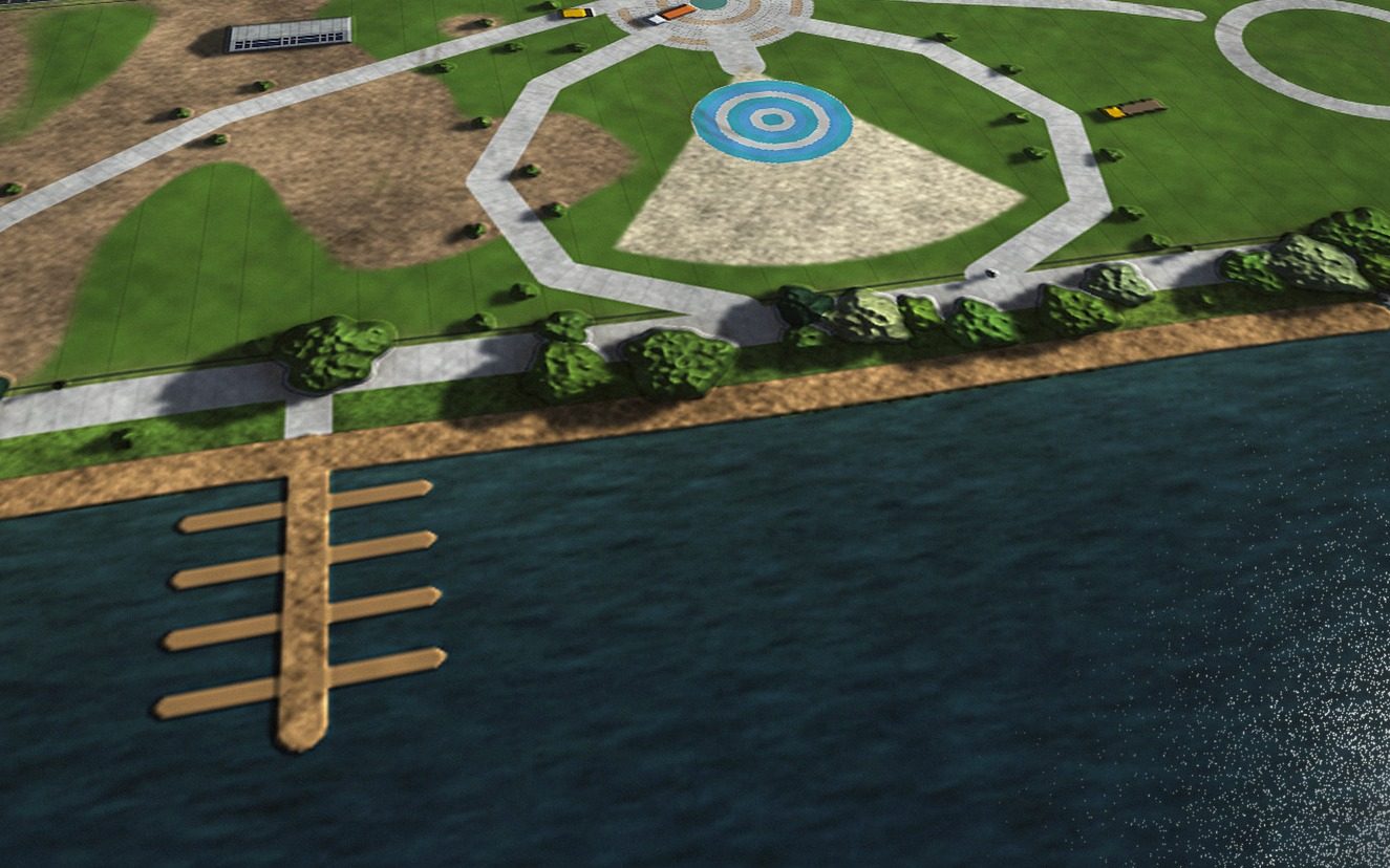 From over the water, looking back at the beach, May 2026: Sod goes down west to east; the beach gets its sand.