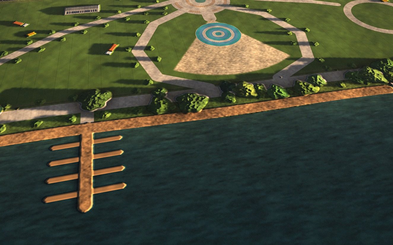 From over the water, looking back at the beach, June 2026: Finished, and still fenced, a month before opening.