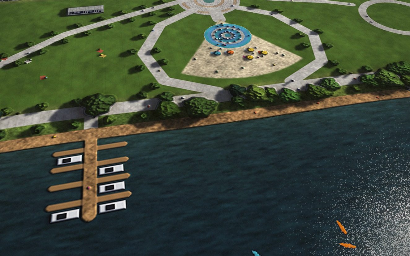 From over the water, looking back at the beach, August 2026: A week after opening day.
