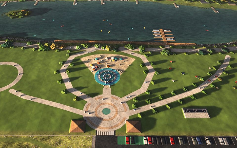 Last flight: the same view, finished — a beach, a round plaza, new paths and young trees, people on the sand.